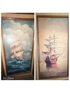 Vintage Andres Orpinas Framed Nautical Ship Prints – Set of 2 - 16x29